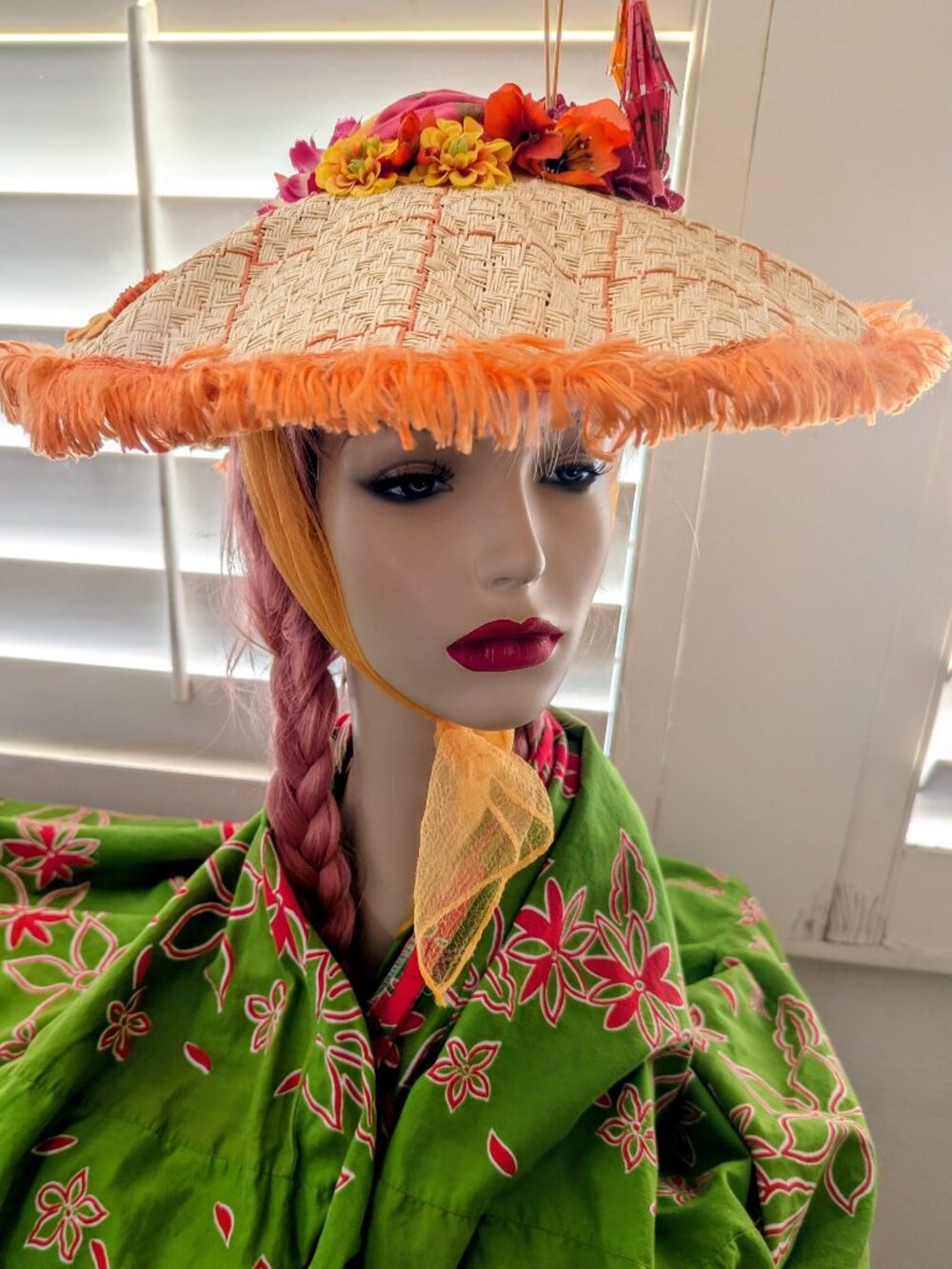 Vintage Fringe Tiki Hat Flowers Tiki Umbrella Adornmetnts Attached Orange Scarf